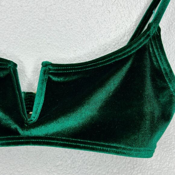 South Beach Forest Green Jade Velvet V-Cutout Bikini Top Gold Hardware 6 - Picture 6 of 13